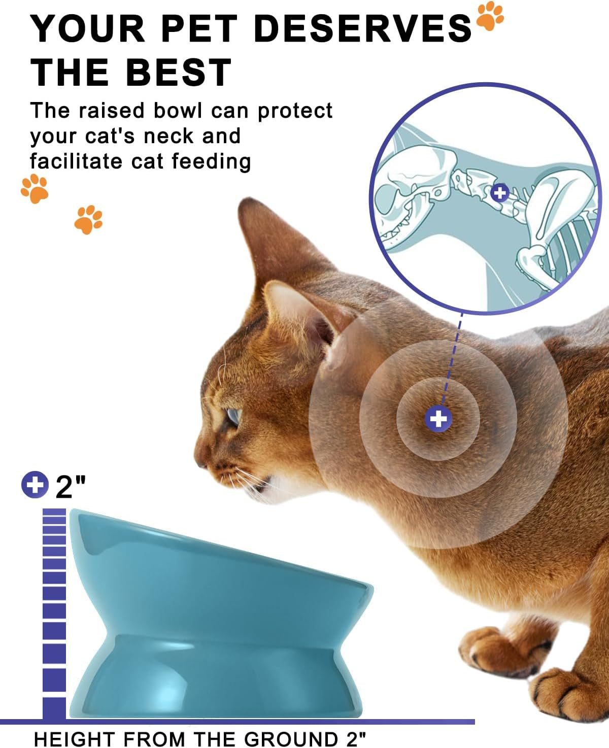 Elevated Cat Food Bowl, Ceramic Raised Bowl, Tilt Angle Protects Cat&