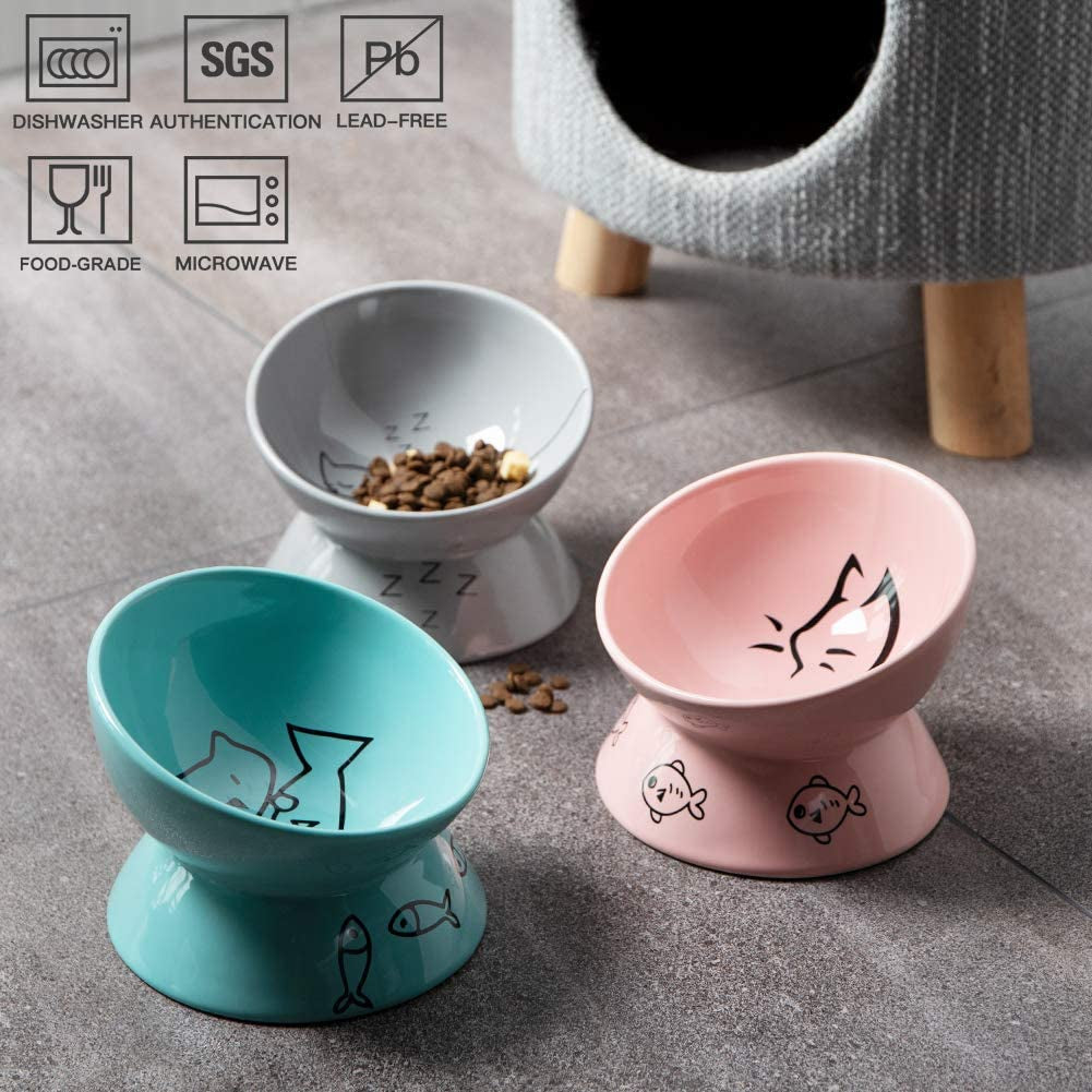 Ceramic Raised Cat Bowls, Slanted Cat Dish Food or Water Bowls, Elevated Porcelain Pet Feeder Bowl Protect Cat&
