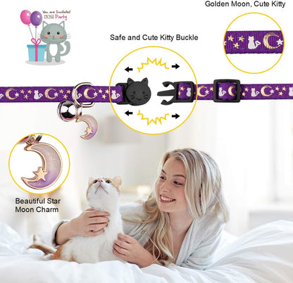2PCS Breakaway Cat Collars with Bell Moons Stars Cute Kitty Adjustable Safe Kitten Collars with Pendant Glow in the Dark(Purple&amp;Pink)