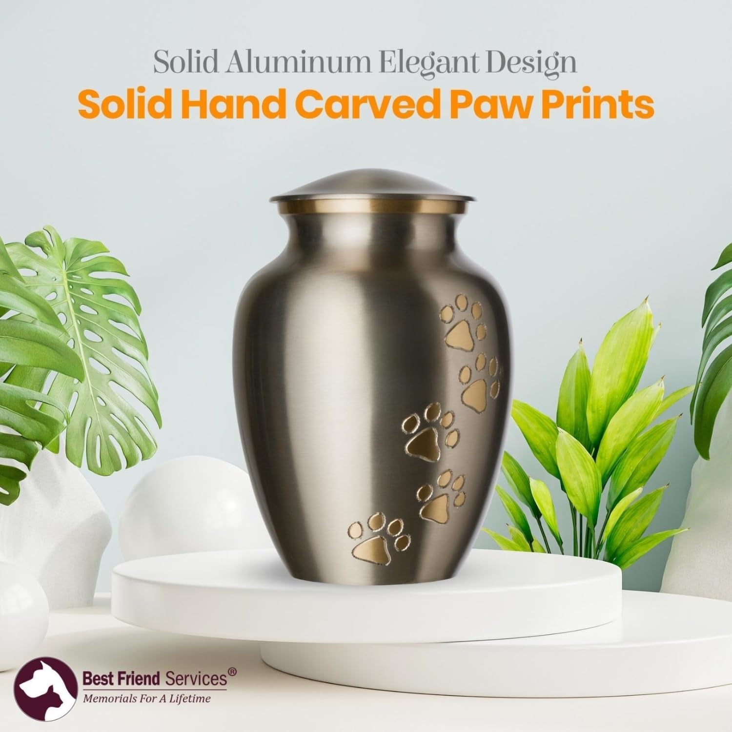 Ottillie Paws Legacy Series Pet Urn for Dogs, Handmade Brass Memorial Cremation Urn (Medium - Pets up to 65 Lbs, Pewter, Vertical Brass Paws)