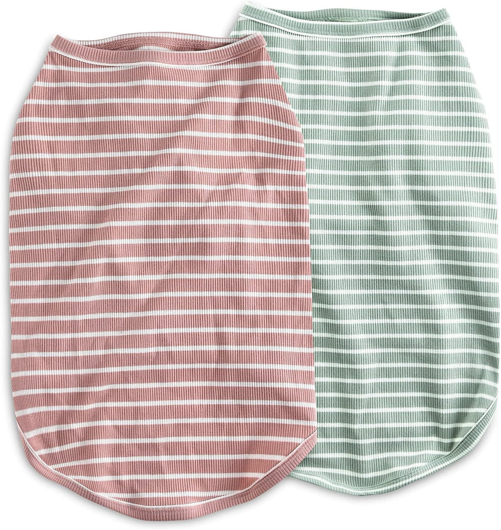 Dog Shirt Vest Lightweight Stretchy Dog T-Shirts Soft Cool Sleeveless Stripe Vests Breathable Clothes for Puppy Kitty Cats Small Medium Large Dogs 2 Pack Pink + Green [ S/Small ]