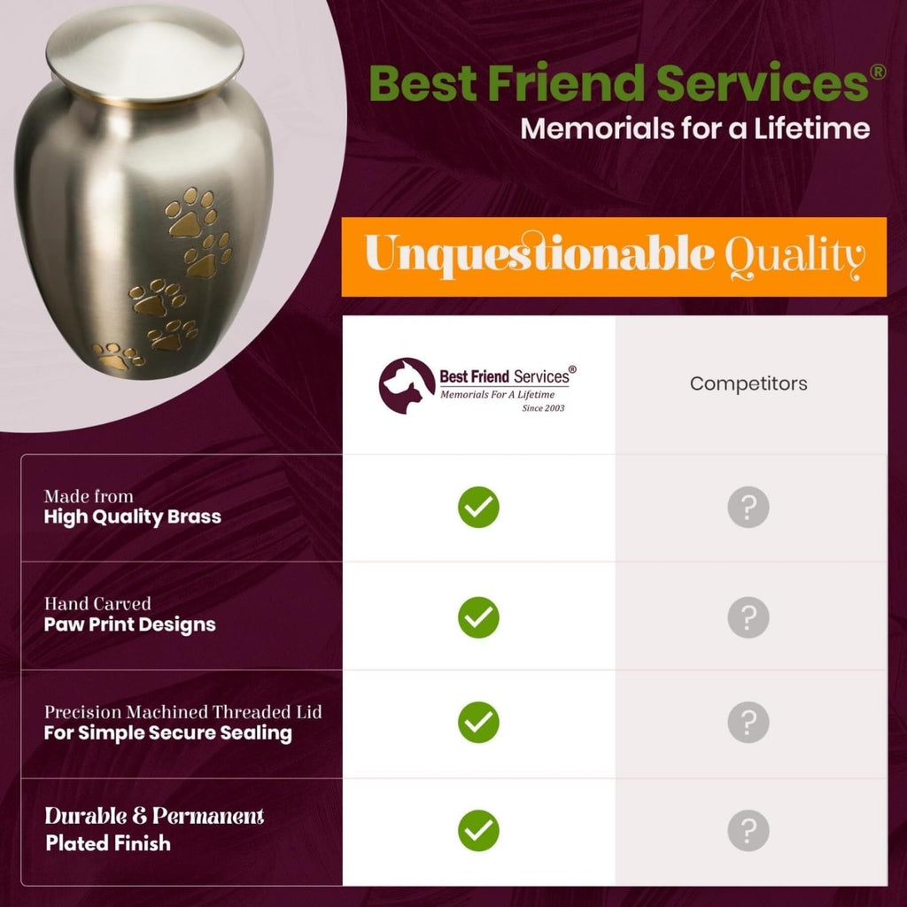 Ottillie Paws Legacy Series Pet Urn for Dogs, Handmade Brass Memorial Cremation Urn (Medium - Pets up to 65 Lbs, Pewter, Vertical Brass Paws)