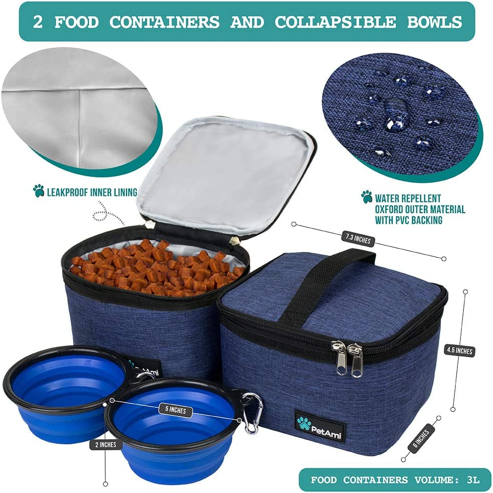 Dog Travel Bag, Travel Pet Bag Organizer, Dog Food Travel Bag with Container Collapsible Bowls, Pet Travel Supplies Gift Accessories for Weekend Camping, Puppy Cat Diaper Bag, Navy Blue Medium