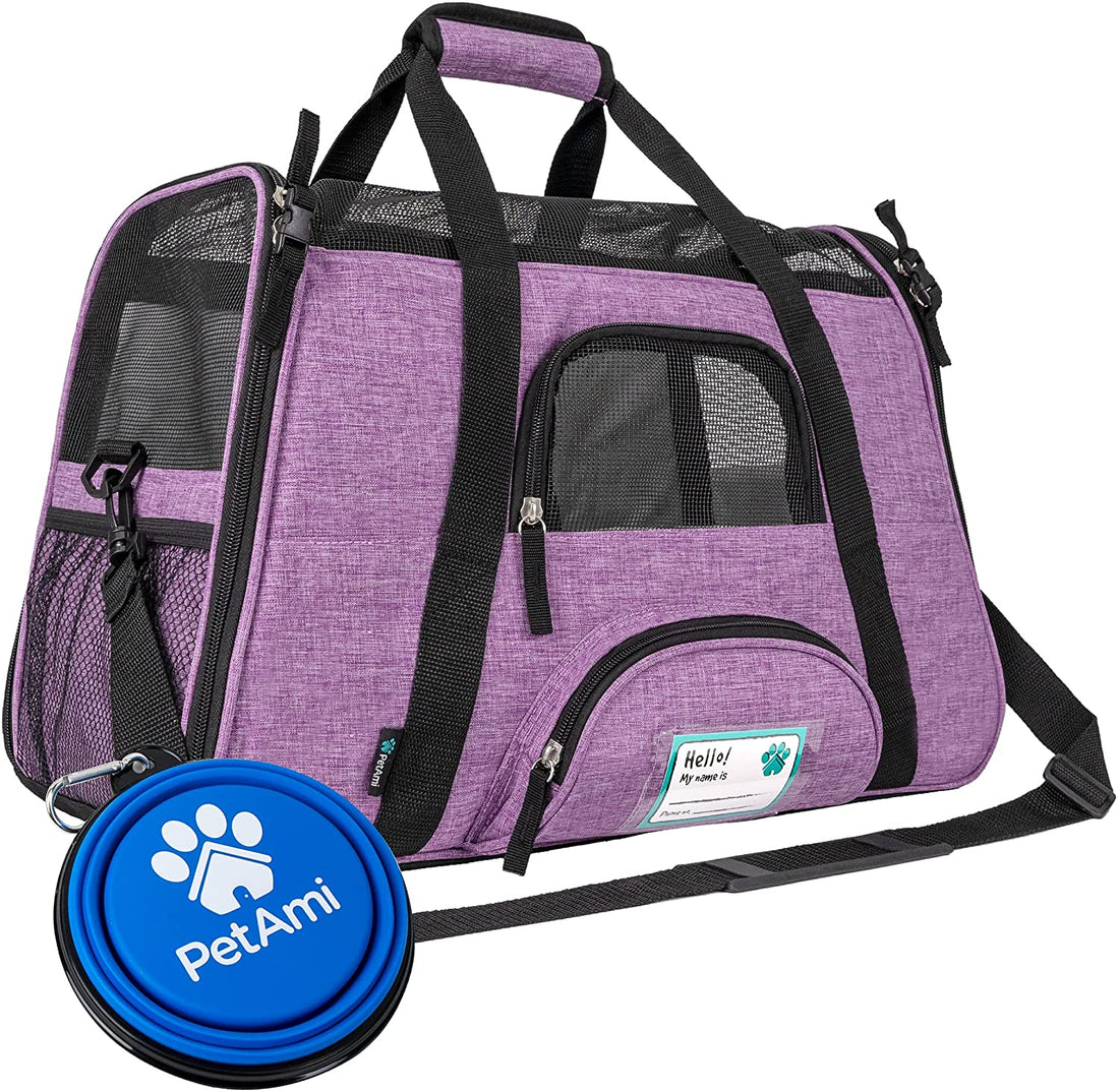 Airline Approved Pet Carrier for Cats &amp; Small Dogs, Soft Sided TSA Travel Carrier Bag with Sherpa Bed, Breathable Mesh Ventilation, Collapsible Bowl, up to 18 Lbs, Small Heather Purple