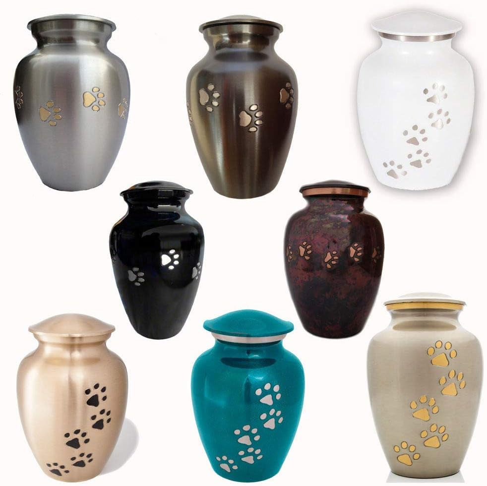 Ottillie Paws Legacy Series Pet Urn for Dogs, Handmade Brass Memorial Cremation Urn (Medium - Pets up to 65 Lbs, Pewter, Vertical Brass Paws)