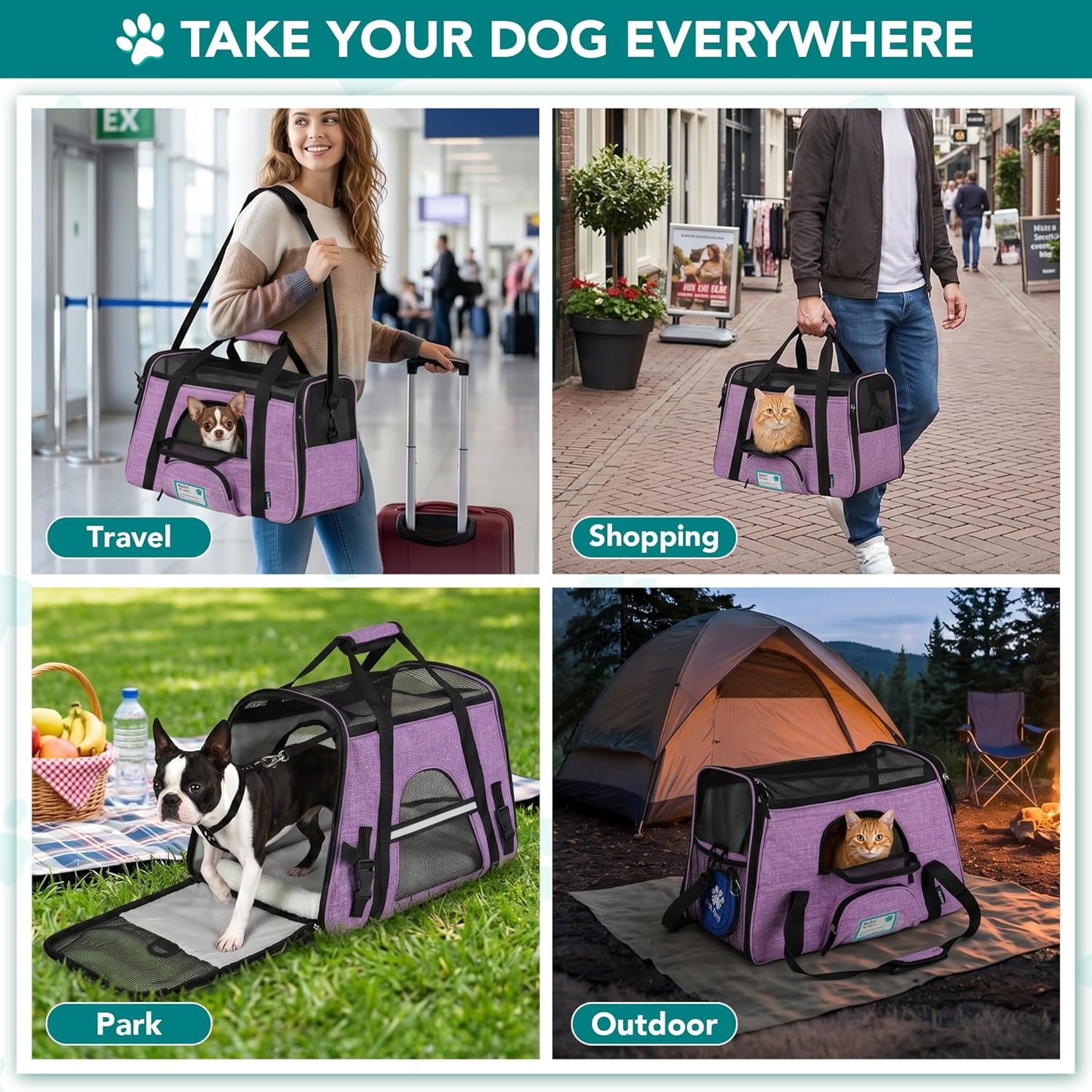 Airline Approved Pet Carrier for Cats &amp; Small Dogs, Soft Sided TSA Travel Carrier Bag with Sherpa Bed, Breathable Mesh Ventilation, Collapsible Bowl, up to 18 Lbs, Small Heather Purple