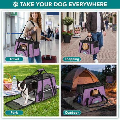 Airline Approved Pet Carrier for Cats &amp; Small Dogs, Soft Sided TSA Travel Carrier Bag with Sherpa Bed, Breathable Mesh Ventilation, Collapsible Bowl, up to 18 Lbs, Small Heather Purple
