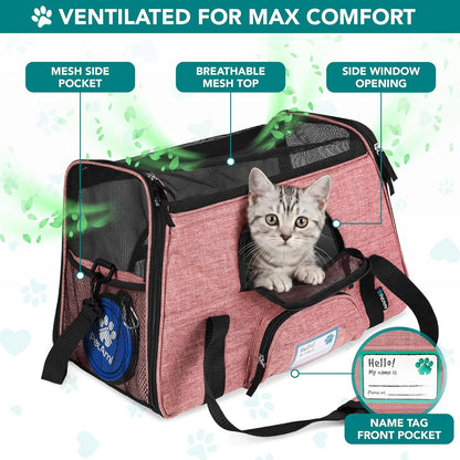 Airline Approved Pet Carrier for Cats &amp; Small Dogs, Soft Sided TSA Travel Carrier Bag with Sherpa Bed, Breathable Mesh Ventilation, Collapsible Bowl, up to 18 Lbs, Small Heather White Red
