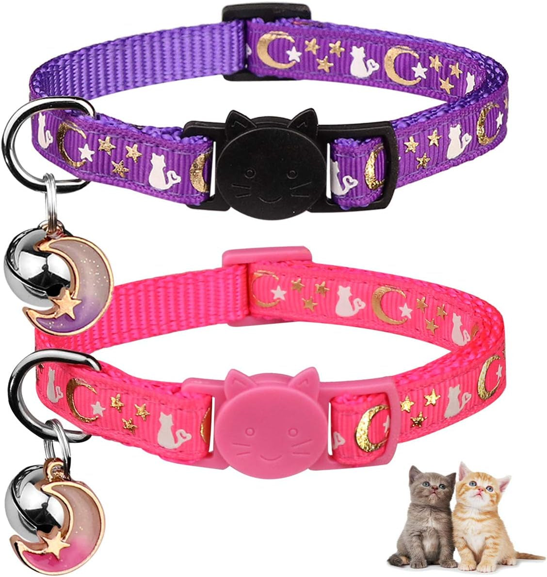 2PCS Breakaway Cat Collars with Bell Moons Stars Cute Kitty Adjustable Safe Kitten Collars with Pendant Glow in the Dark(Purple&amp;Pink)