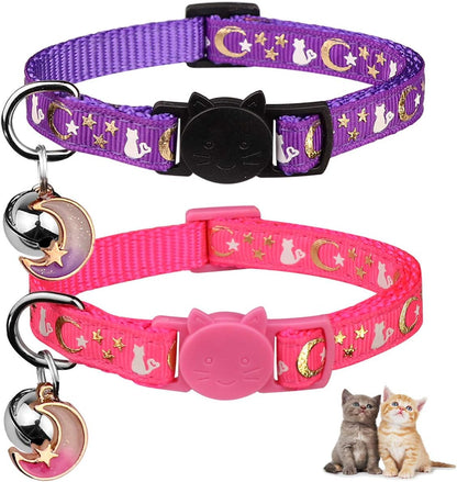 2PCS Breakaway Cat Collars with Bell Moons Stars Cute Kitty Adjustable Safe Kitten Collars with Pendant Glow in the Dark(Purple&amp;Pink)