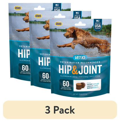 (3 Pack) Vetiq Hip &amp; Joint Supplement for Dogs, Chicken Flavored Soft Chews, 7.4 Oz, 60 Count