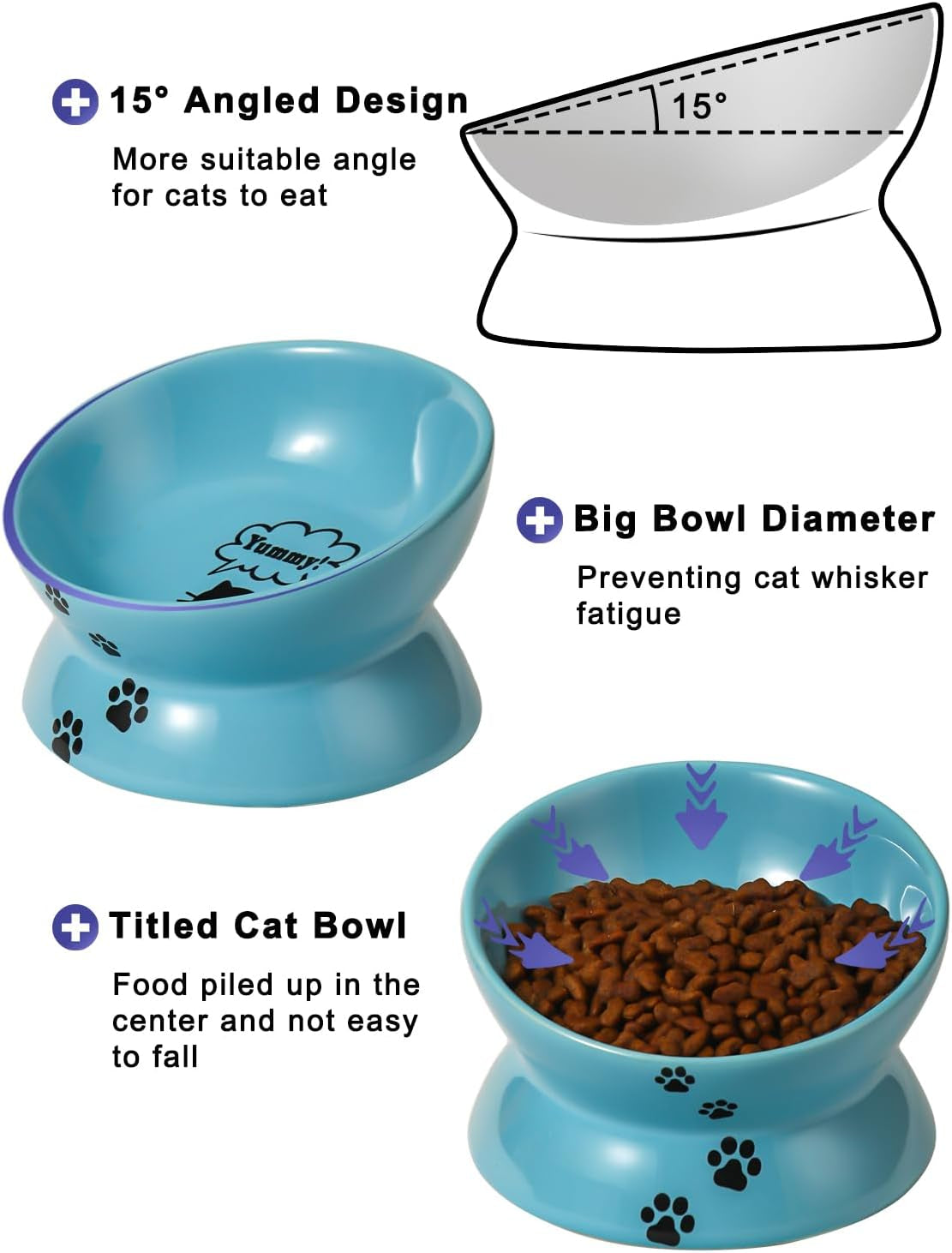 Elevated Cat Food Bowl, Ceramic Raised Bowl, Tilt Angle Protects Cat&