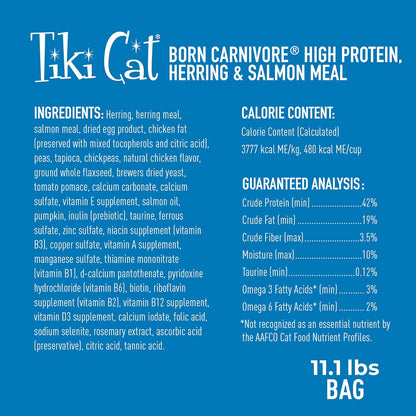 Tiki Cat Born Carnivore High Protein Dry Cat Food, Herring &amp; Salmon Meal, 11.1 Lbs. Bag