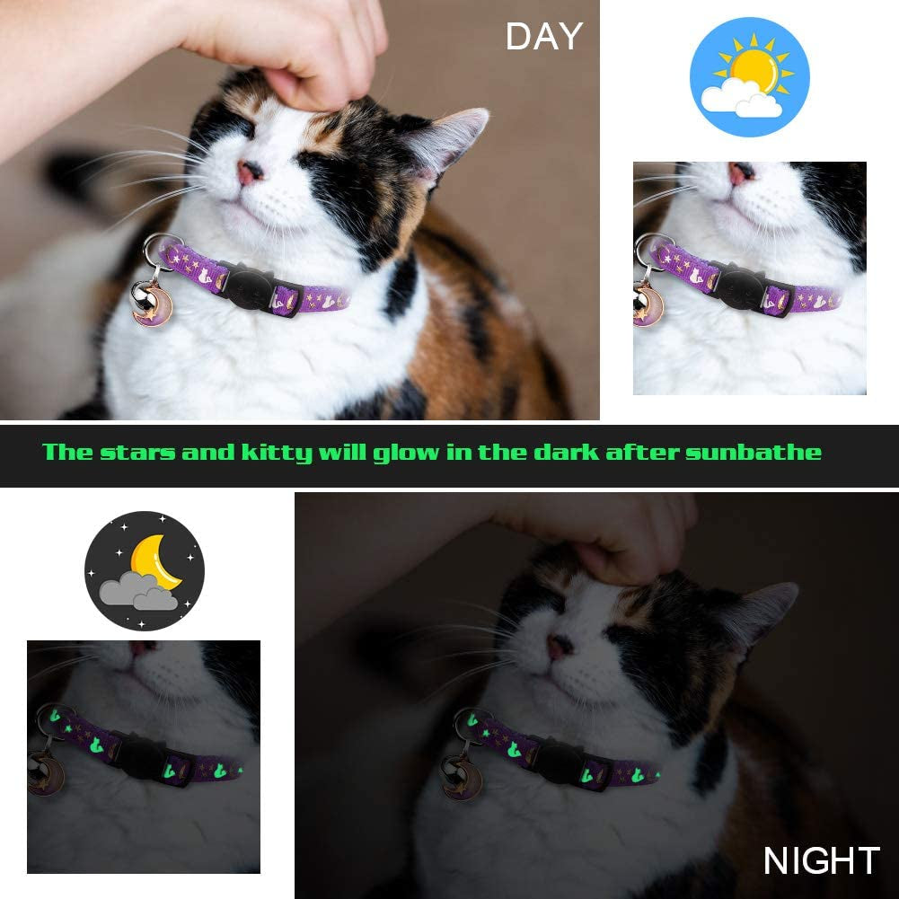 2PCS Breakaway Cat Collars with Bell Moons Stars Cute Kitty Adjustable Safe Kitten Collars with Pendant Glow in the Dark(Purple&amp;Pink)