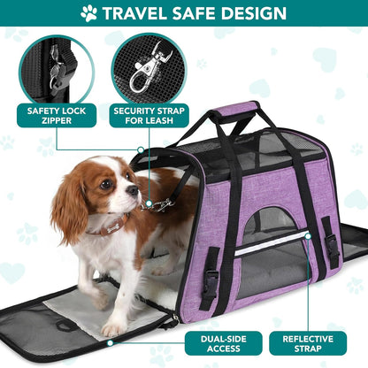 Airline Approved Pet Carrier for Cats &amp; Small Dogs, Soft Sided TSA Travel Carrier Bag with Sherpa Bed, Breathable Mesh Ventilation, Collapsible Bowl, up to 18 Lbs, Small Heather Purple