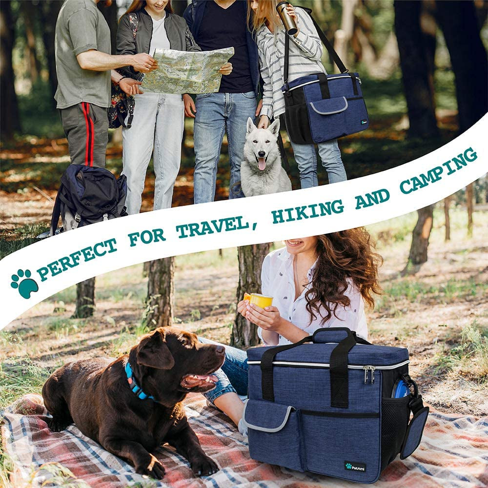 Dog Travel Bag, Travel Pet Bag Organizer, Dog Food Travel Bag with Container Collapsible Bowls, Pet Travel Supplies Gift Accessories for Weekend Camping, Puppy Cat Diaper Bag, Navy Blue Medium