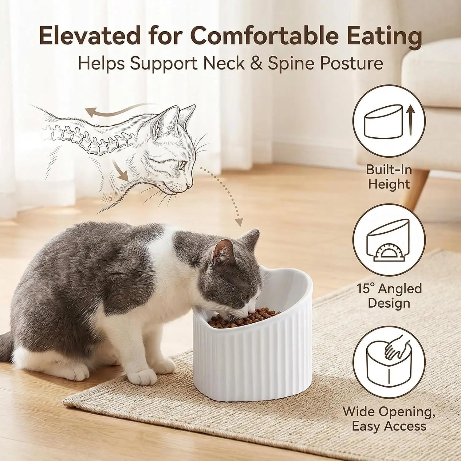 Pink Ceramic Raised Cat Bowls, Tilted Elevated Food or Water Bowls, Stress Free, Backflow Prevention, Dishwasher and Microwave Safe, Lead &amp; Cadmium Free