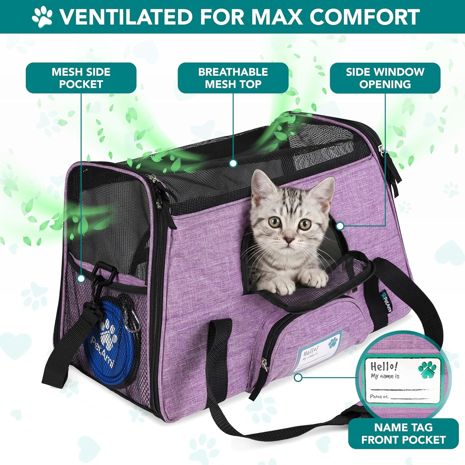 Airline Approved Pet Carrier for Cats &amp; Small Dogs, Soft Sided TSA Travel Carrier Bag with Sherpa Bed, Breathable Mesh Ventilation, Collapsible Bowl, up to 18 Lbs, Small Heather Purple