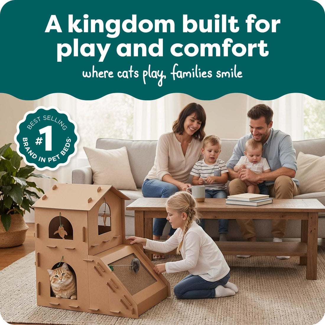 Townhouse Multi-Level Cardboard Cat House for Indoor Cats with Catnip &amp; Toys, Double-Walled Corrugated Scratcher Designed for Lounging, Play &amp; Comfort, One Size, Cardboard, Brown