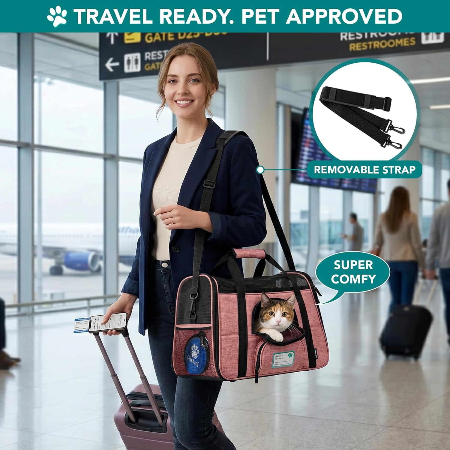 Airline Approved Pet Carrier for Cats &amp; Small Dogs, Soft Sided TSA Travel Carrier Bag with Sherpa Bed, Breathable Mesh Ventilation, Collapsible Bowl, up to 18 Lbs, Small Heather White Red