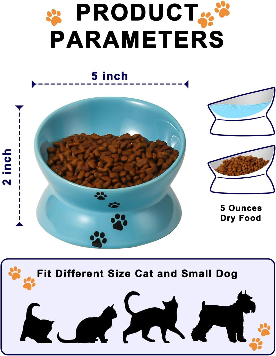 Elevated Cat Food Bowl, Ceramic Raised Bowl, Tilt Angle Protects Cat&