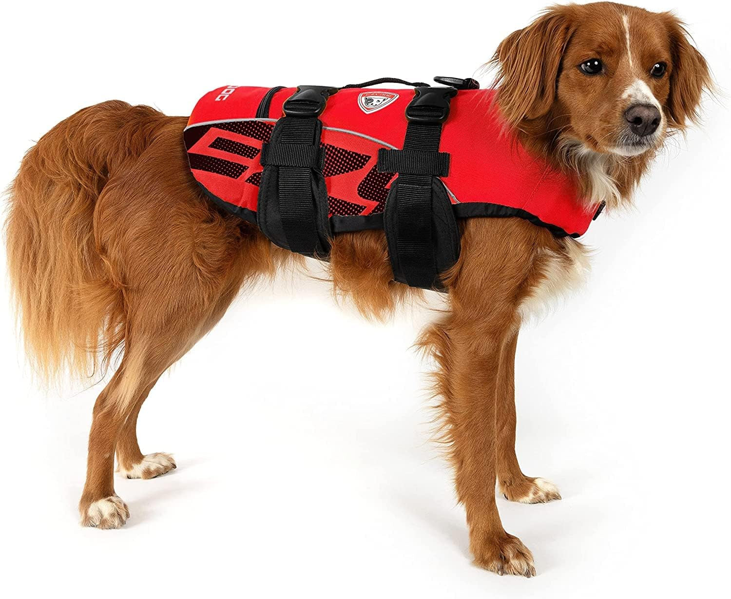 DFD Dog Life Jacket - Adjustable Swimming Safety Vest with Reflective Trim &amp; Durable Grab Handle - 50% More Flotation Material - X-Small, Red