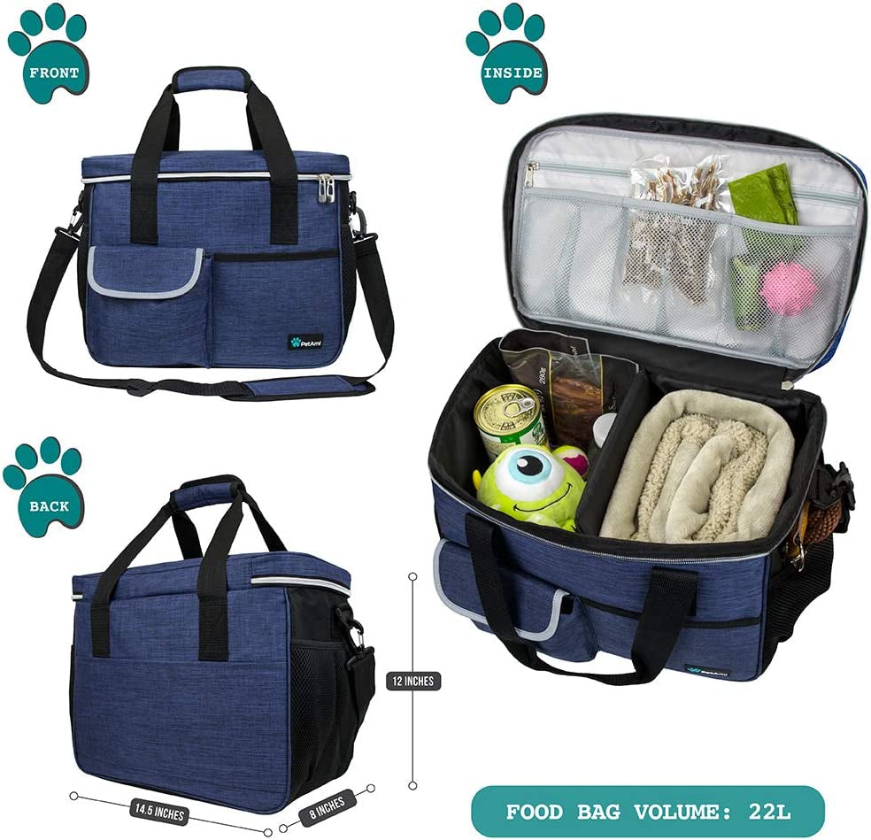 Dog Travel Bag, Travel Pet Bag Organizer, Dog Food Travel Bag with Container Collapsible Bowls, Pet Travel Supplies Gift Accessories for Weekend Camping, Puppy Cat Diaper Bag, Navy Blue Medium
