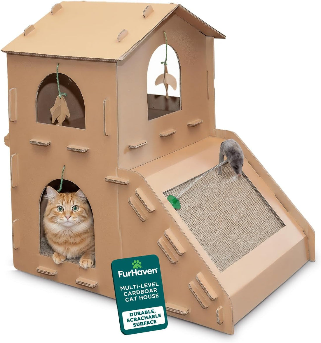 Townhouse Multi-Level Cardboard Cat House for Indoor Cats with Catnip &amp; Toys, Double-Walled Corrugated Scratcher Designed for Lounging, Play &amp; Comfort, One Size, Cardboard, Brown