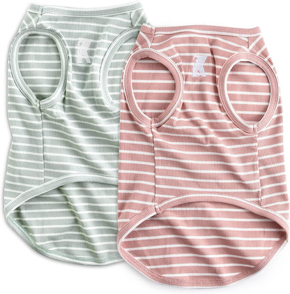 Dog Shirt Vest Lightweight Stretchy Dog T-Shirts Soft Cool Sleeveless Stripe Vests Breathable Clothes for Puppy Kitty Cats Small Medium Large Dogs 2 Pack Pink + Green [ S/Small ]