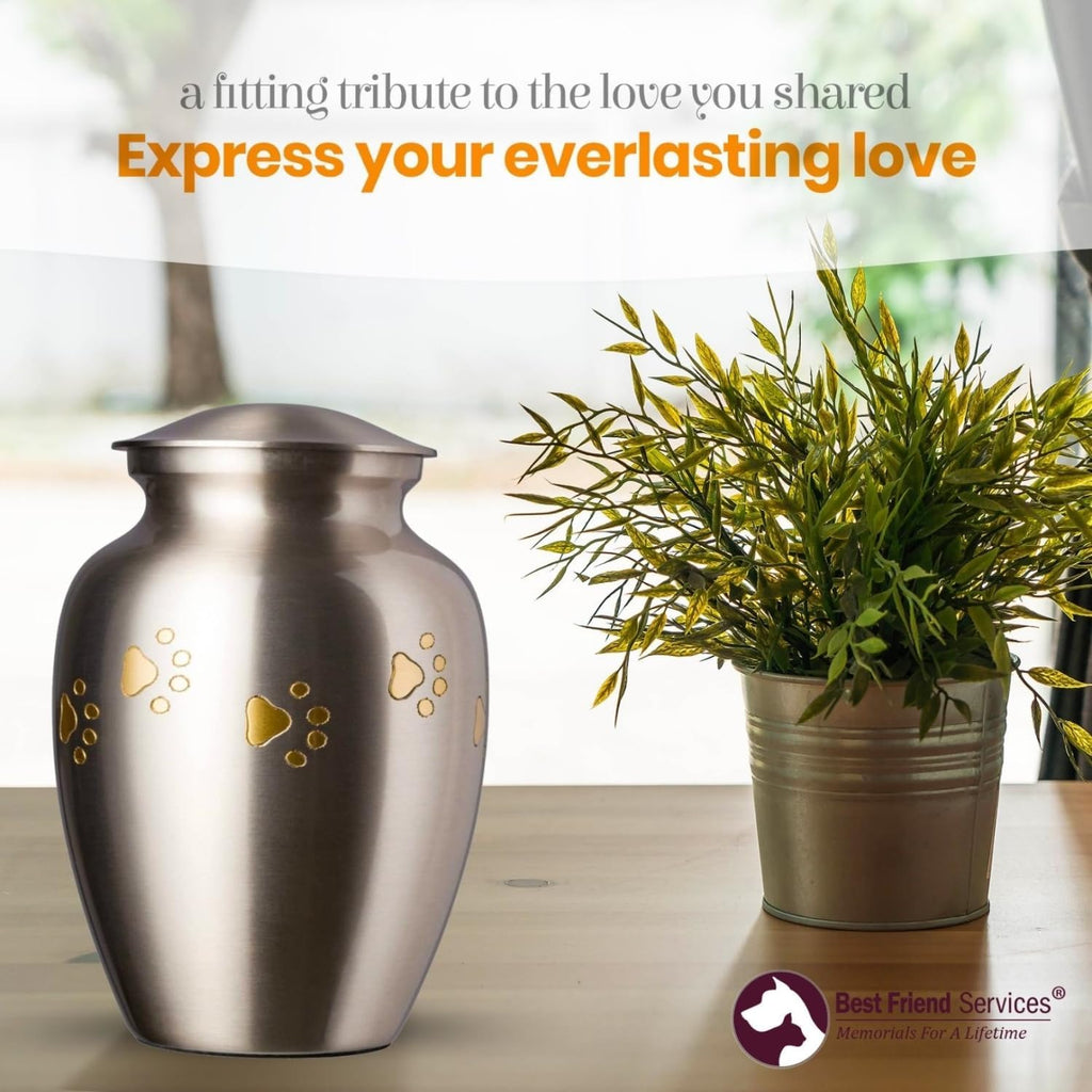 Ottillie Paws Legacy Series Pet Urn for Dogs, Handmade Brass Memorial Cremation Urn (Medium - Pets up to 65 Lbs, Pewter, Vertical Brass Paws)