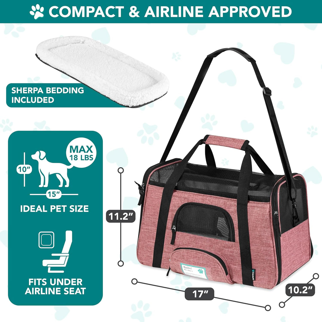 Airline Approved Pet Carrier for Cats &amp; Small Dogs, Soft Sided TSA Travel Carrier Bag with Sherpa Bed, Breathable Mesh Ventilation, Collapsible Bowl, up to 18 Lbs, Small Heather White Red