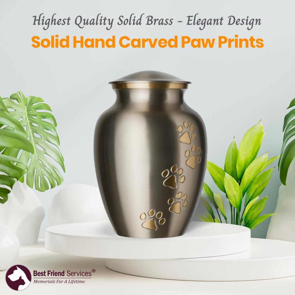 Ottillie Paws Legacy Series Pet Urn for Dogs, Handmade Brass Memorial Cremation Urn (Medium - Pets up to 65 Lbs, Pewter, Vertical Brass Paws)