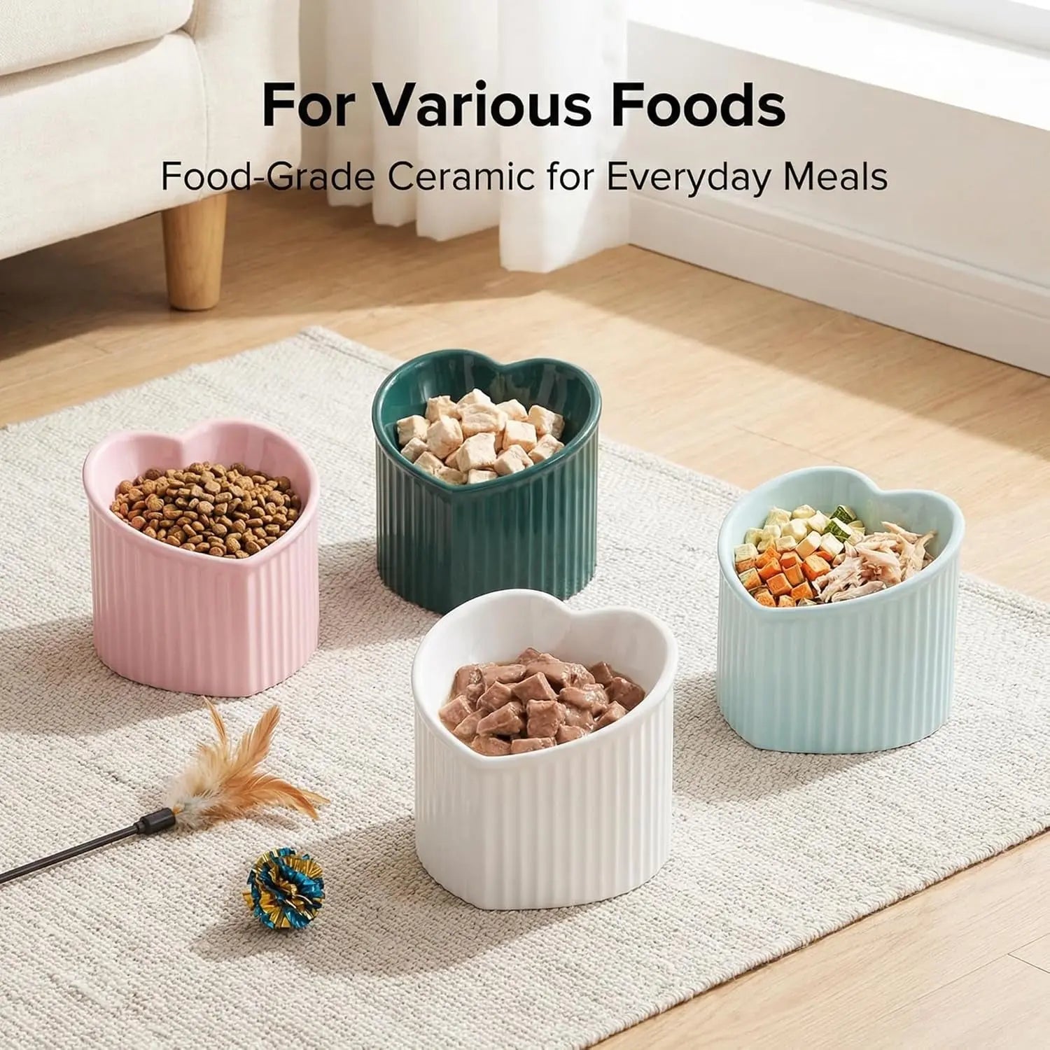 Pink Ceramic Raised Cat Bowls, Tilted Elevated Food or Water Bowls, Stress Free, Backflow Prevention, Dishwasher and Microwave Safe, Lead &amp; Cadmium Free