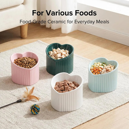 Pink Ceramic Raised Cat Bowls, Tilted Elevated Food or Water Bowls, Stress Free, Backflow Prevention, Dishwasher and Microwave Safe, Lead &amp; Cadmium Free