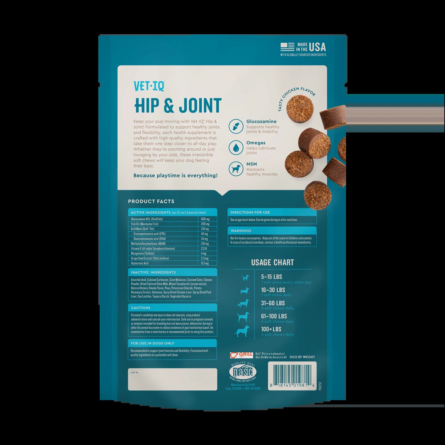 (3 Pack) Vetiq Hip &amp; Joint Supplement for Dogs, Chicken Flavored Soft Chews, 7.4 Oz, 60 Count