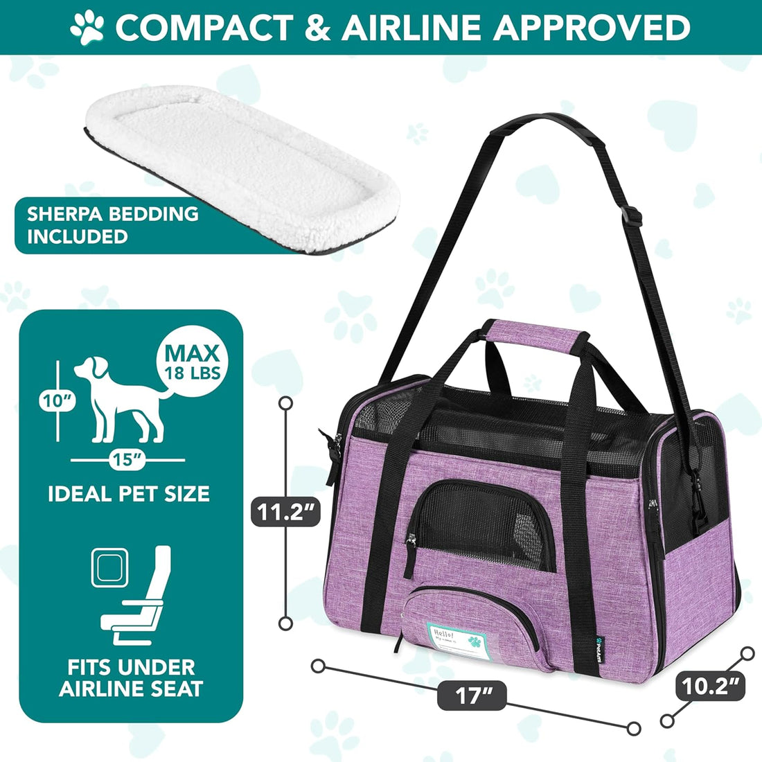 Airline Approved Pet Carrier for Cats &amp; Small Dogs, Soft Sided TSA Travel Carrier Bag with Sherpa Bed, Breathable Mesh Ventilation, Collapsible Bowl, up to 18 Lbs, Small Heather Purple