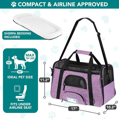 Airline Approved Pet Carrier for Cats &amp; Small Dogs, Soft Sided TSA Travel Carrier Bag with Sherpa Bed, Breathable Mesh Ventilation, Collapsible Bowl, up to 18 Lbs, Small Heather Purple