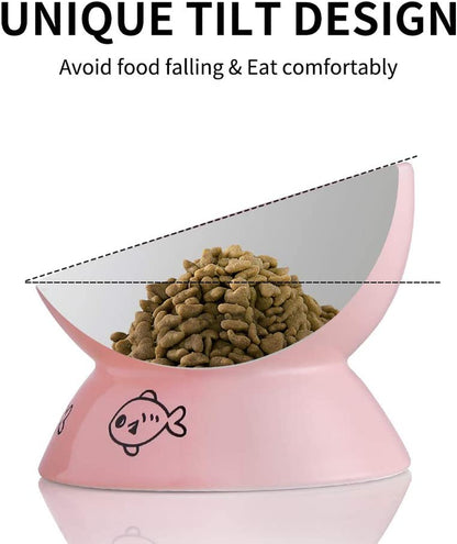 Ceramic Raised Cat Bowls, Slanted Cat Dish Food or Water Bowls, Elevated Porcelain Pet Feeder Bowl Protect Cat&