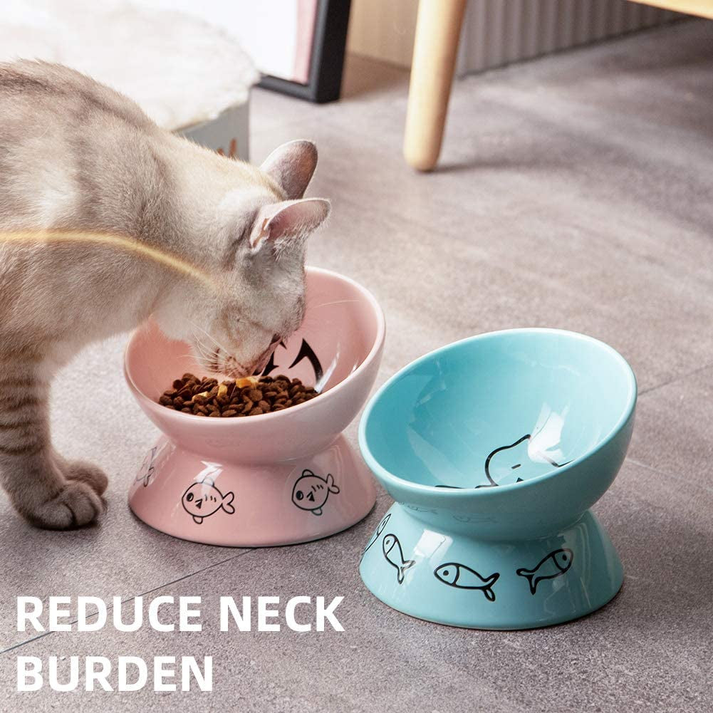 Ceramic Raised Cat Bowls, Slanted Cat Dish Food or Water Bowls, Elevated Porcelain Pet Feeder Bowl Protect Cat&