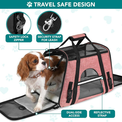 Airline Approved Pet Carrier for Cats &amp; Small Dogs, Soft Sided TSA Travel Carrier Bag with Sherpa Bed, Breathable Mesh Ventilation, Collapsible Bowl, up to 18 Lbs, Small Heather White Red