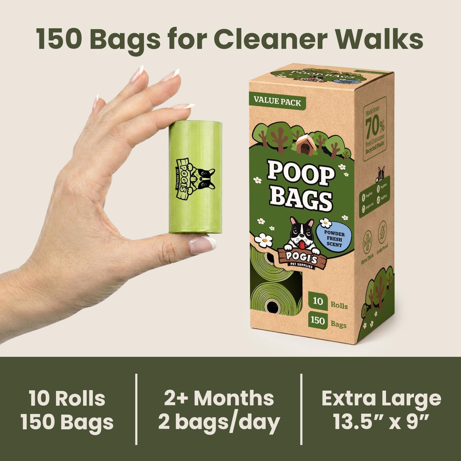 Pogi’S Dog Poop Bags – Leak-Proof &amp; Extra Thick Pet Waste Bags (Fresh Scent, 10 Rolls, 150-Count)
