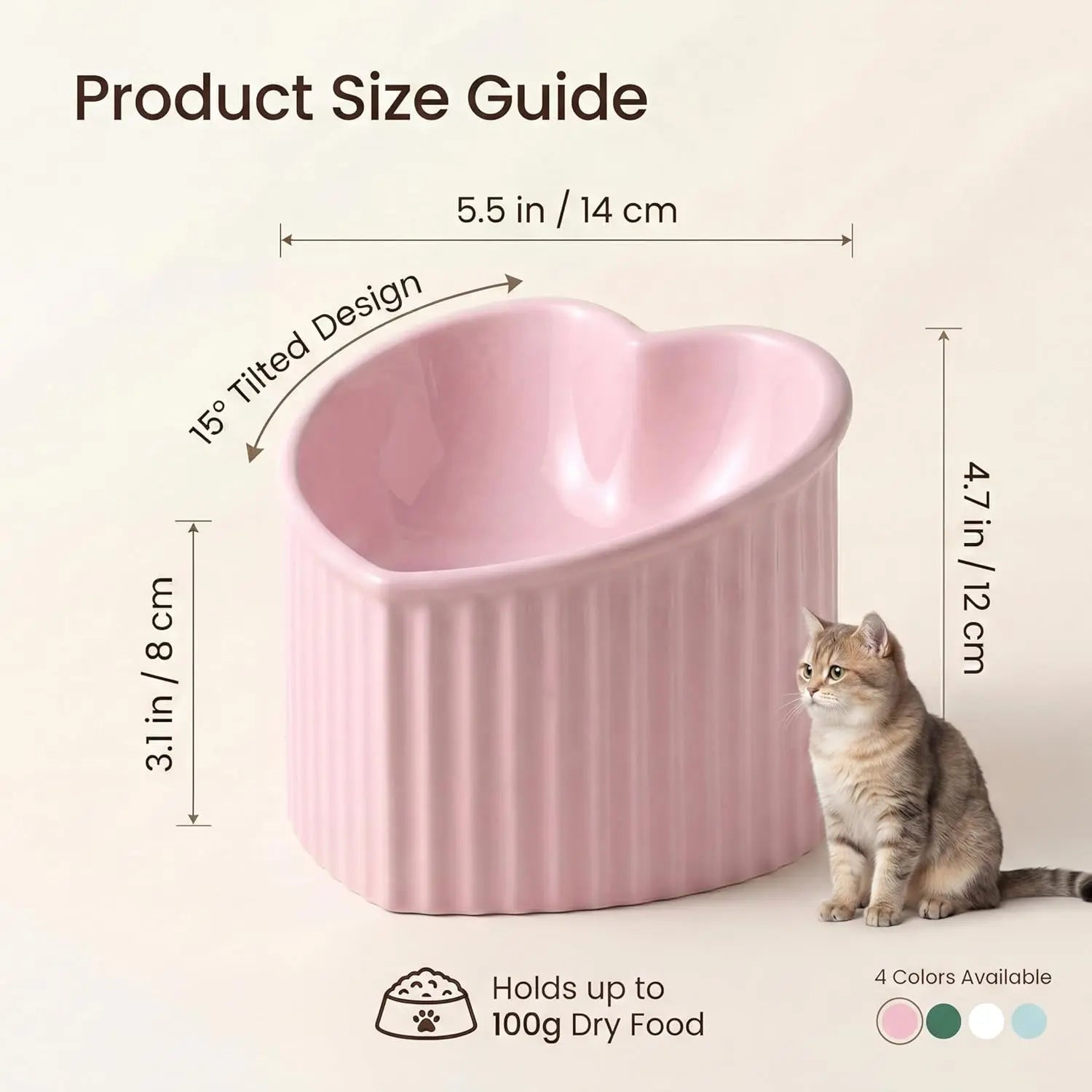 Pink Ceramic Raised Cat Bowls, Tilted Elevated Food or Water Bowls, Stress Free, Backflow Prevention, Dishwasher and Microwave Safe, Lead &amp; Cadmium Free