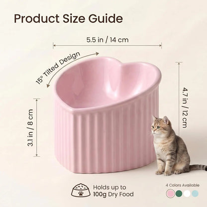 Pink Ceramic Raised Cat Bowls, Tilted Elevated Food or Water Bowls, Stress Free, Backflow Prevention, Dishwasher and Microwave Safe, Lead &amp; Cadmium Free