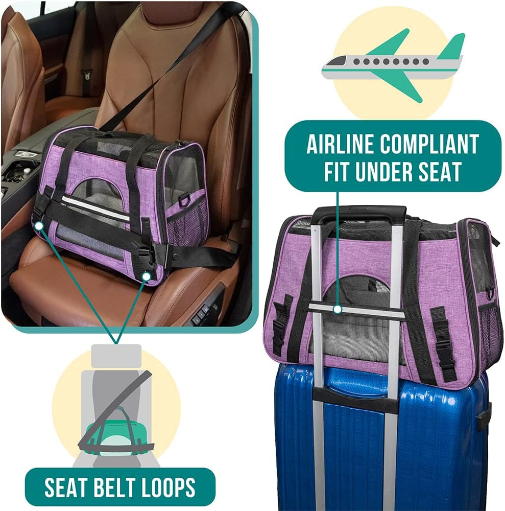 Airline Approved Pet Carrier for Cats &amp; Small Dogs, Soft Sided TSA Travel Carrier Bag with Sherpa Bed, Breathable Mesh Ventilation, Collapsible Bowl, up to 18 Lbs, Small Heather Purple