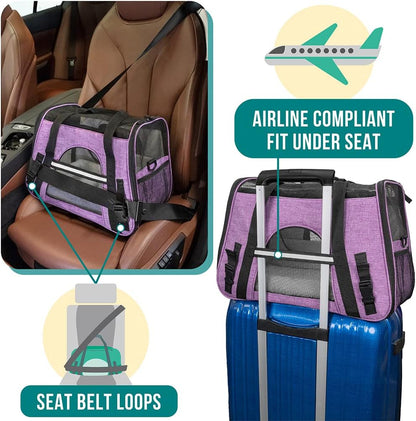 Airline Approved Pet Carrier for Cats &amp; Small Dogs, Soft Sided TSA Travel Carrier Bag with Sherpa Bed, Breathable Mesh Ventilation, Collapsible Bowl, up to 18 Lbs, Small Heather Purple