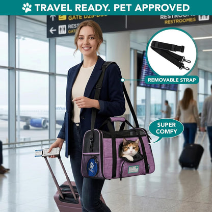 Airline Approved Pet Carrier for Cats &amp; Small Dogs, Soft Sided TSA Travel Carrier Bag with Sherpa Bed, Breathable Mesh Ventilation, Collapsible Bowl, up to 18 Lbs, Small Heather Purple