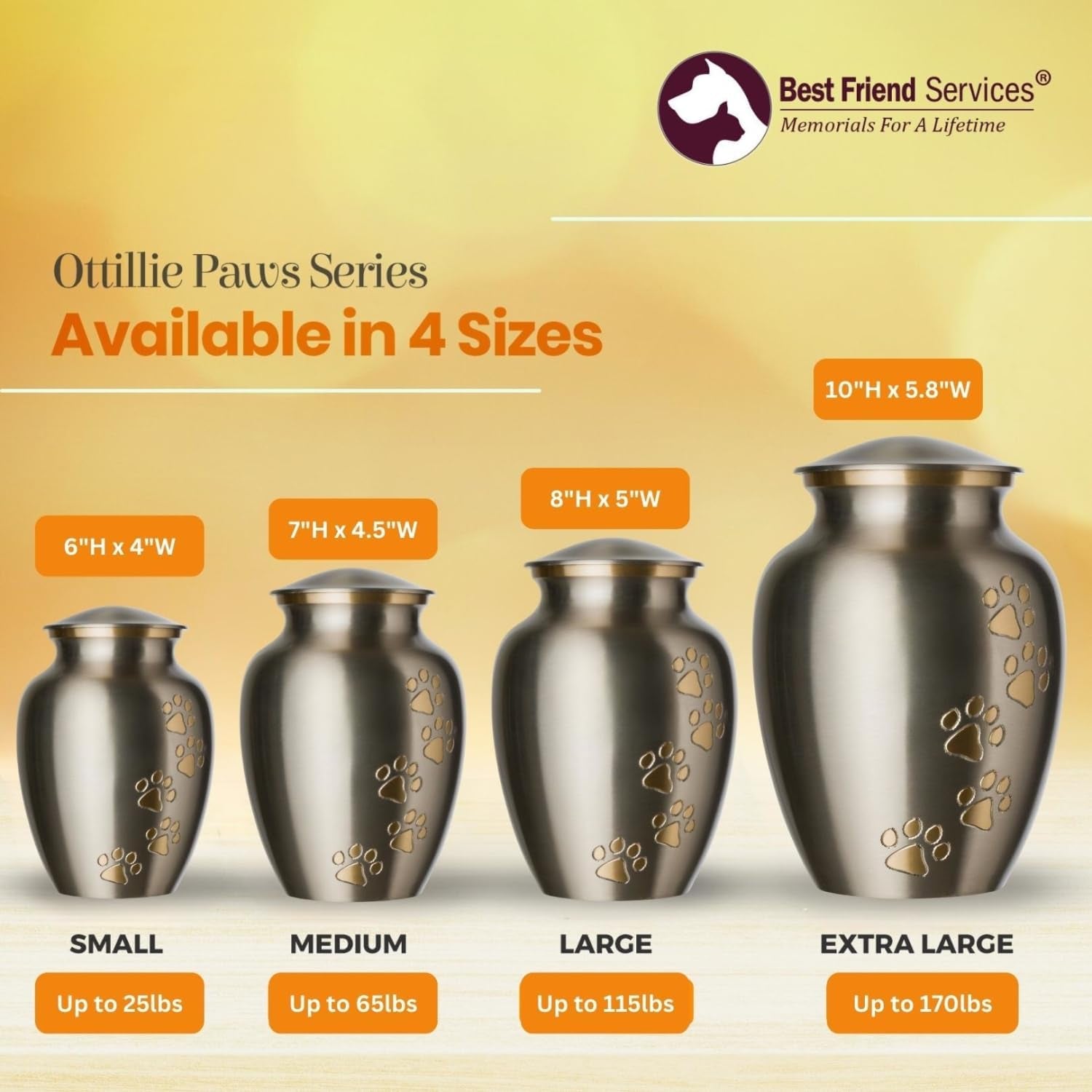 Ottillie Paws Legacy Series Pet Urn for Dogs, Handmade Brass Memorial Cremation Urn (Medium - Pets up to 65 Lbs, Pewter, Vertical Brass Paws)