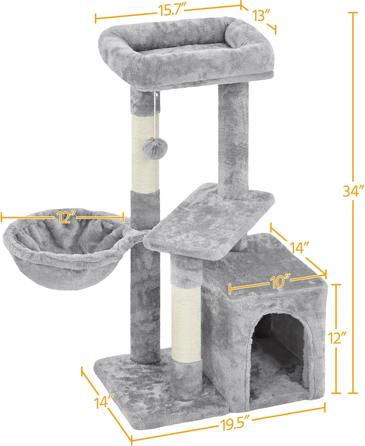 Cat Tree 34In Cat Tower Plush Cover with Condo, Platform &amp; Basket for Indoor Kittens, Cat Furniture Activity Tree