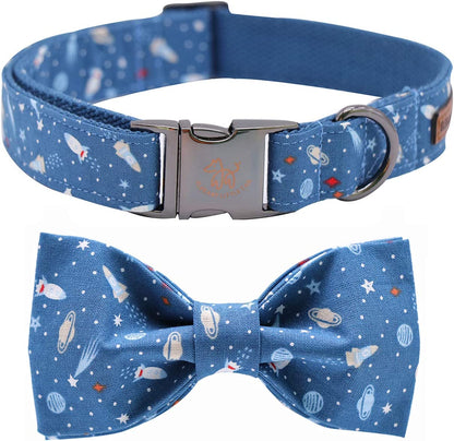Dog Collar with Bow, Cotton &amp; Webbing, Bowtie Dog Collar, Adjustable Dog Collars for Small Medium Large Dogs and Cats