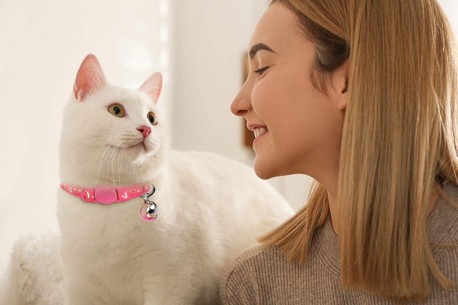 2PCS Breakaway Cat Collars with Bell Moons Stars Cute Kitty Adjustable Safe Kitten Collars with Pendant Glow in the Dark(Purple&amp;Pink)
